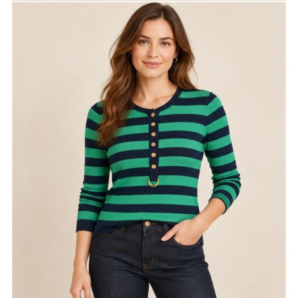 Lauren Ralph Lauren Womens Small Striped Henley Ribbed Knit Top Button Shirt